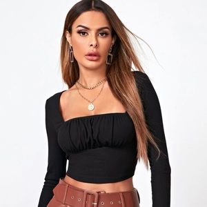 SHEIN BLACK RUCHED LONG SLEEVE CROP TOP
